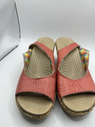 Crocs A Leigh Women's Size 8 Tangerine Leather Cork Wedge Slingback Sandals - Picture 1 of 11