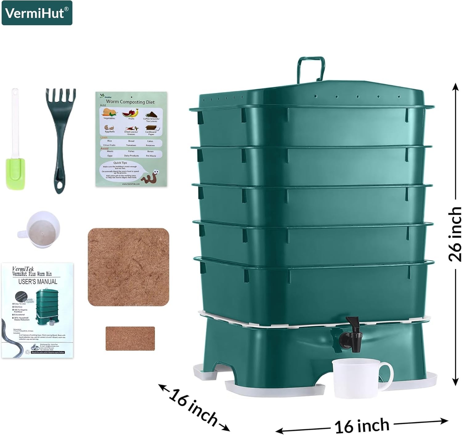 Original Vermihut ® Plus 5 - Tray Worm Composting Bin - Dark Green,