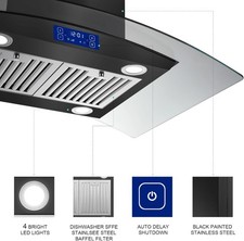 36inch Island Range Hood Stainless Steel 700CFM Kitchen Vent Touch Control Black