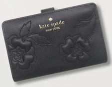 Kate Spade Madison Medium Bifold Wallet Black Leather Floral Applique KL868 219$