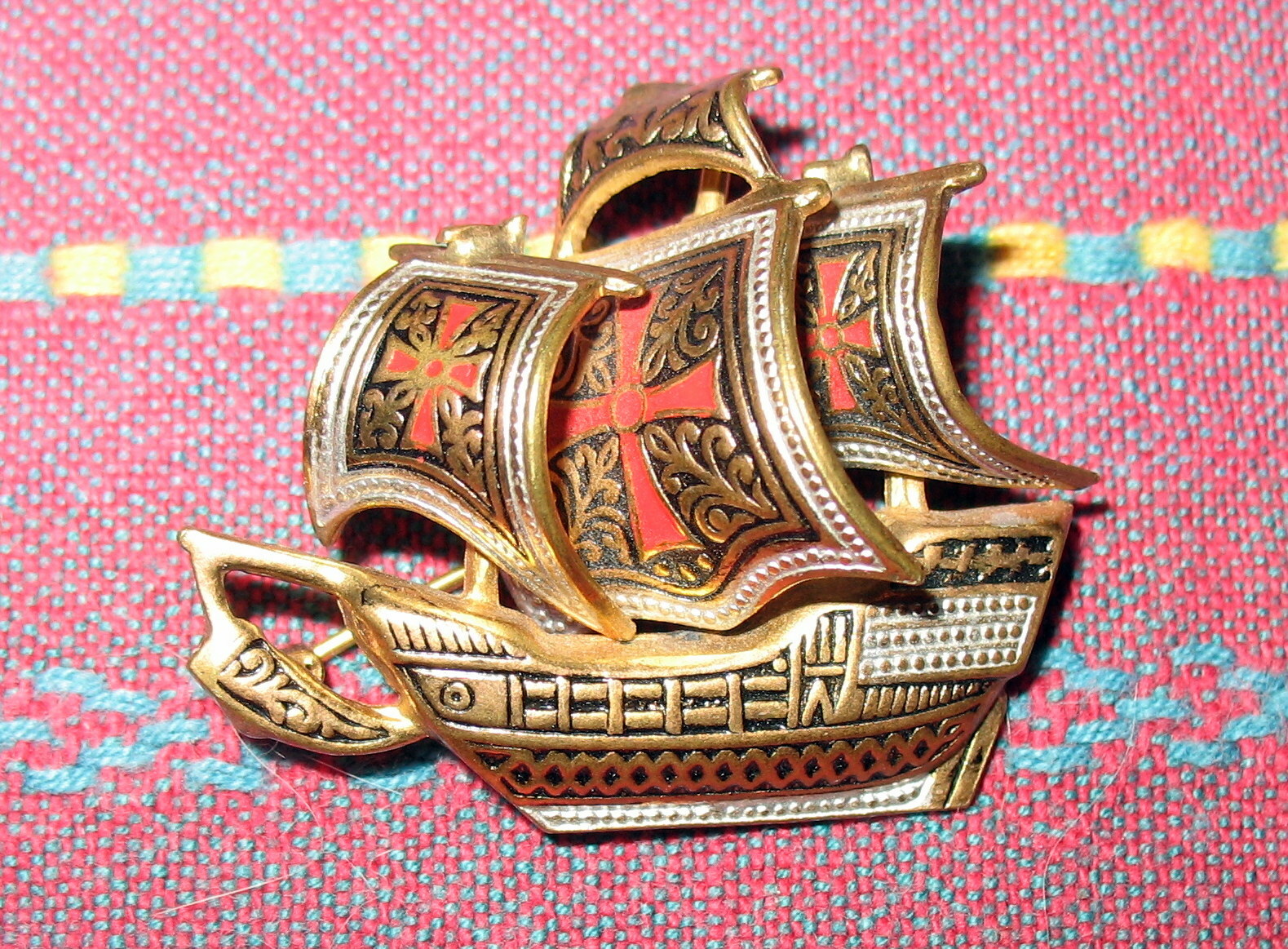 Vintage Damascene Sailing Ship Enamel Gold Tone P… - image 1