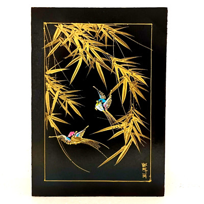Chinese Oil Painting Bamboo Bird Gold Black Hand-painted Asian Art Plywood 7x10''