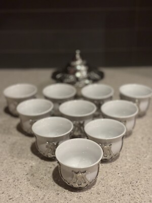 Turkish Tea Coffee Porcelain Metal Cup Set 10 Persons