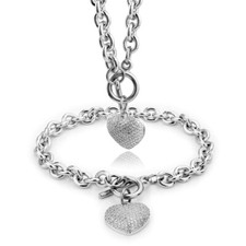 Women Silver Stainless Steel Chain Aglare Heart Toggle Necklace Bracelet Set