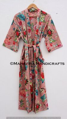 Women Pure Cotton Floral Rose Print Peach Night Gown Sleepwear Boho Kimono Robe