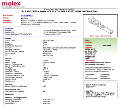 20pcs Molex 43030-0001 Female Socket Crimp Terminals w/ 20-24 AWG Micro-Fit  3.0™