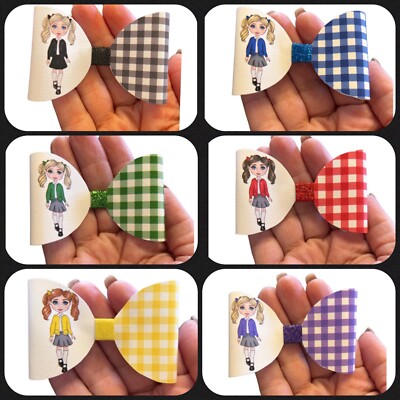 7 x Brünette Gingham Schulmädchen bedruckte Schleifen Schleifen Leinwand DIY Haarschleifen