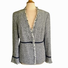 Feraud Cotton Wool Tweed Collarless Fringe Trimmed 1-button Blazer Sz 14...