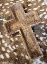 *Carved Wooden CROSS Dough Bowl Primitive Wood Trencher Tray Rustic Home Decor