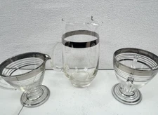 Vintage Art Deco Silver Ringed Footed Sugar & Creamer Set and Pitcher MCM