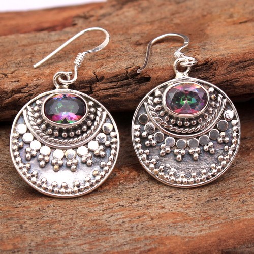 Mystic Topaz Gemstone 925 sterling Silver Jewelry Solid Earring 1.5" - Picture 2 of 2