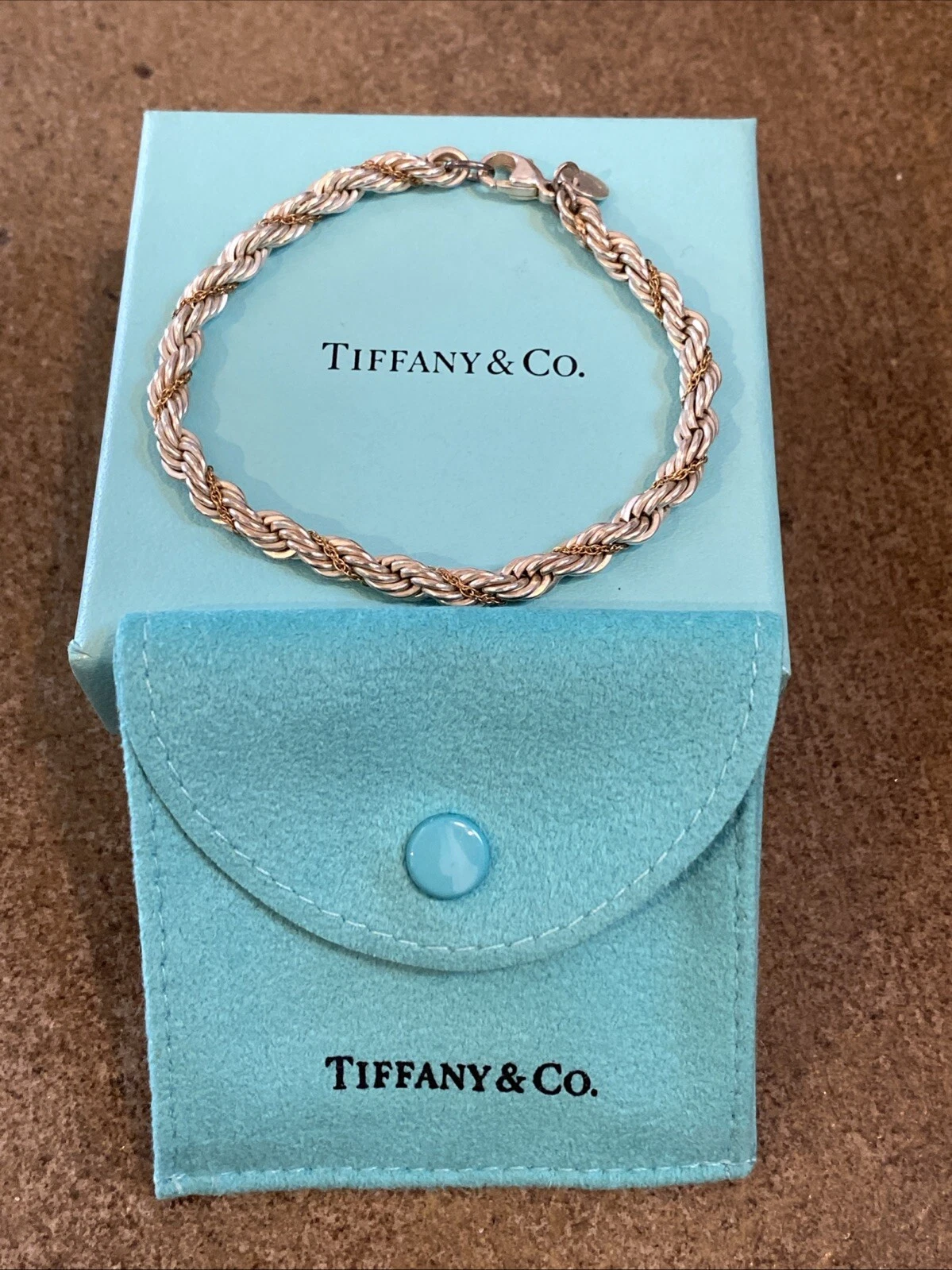 Tiffany & Co. 925 Sterling & 18K Yellow G Twist Bracelet with Pouch & Box