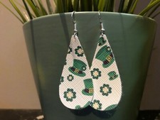 Faux Leather Earrings- St Patricks Day Pattern- Tear Drop Design