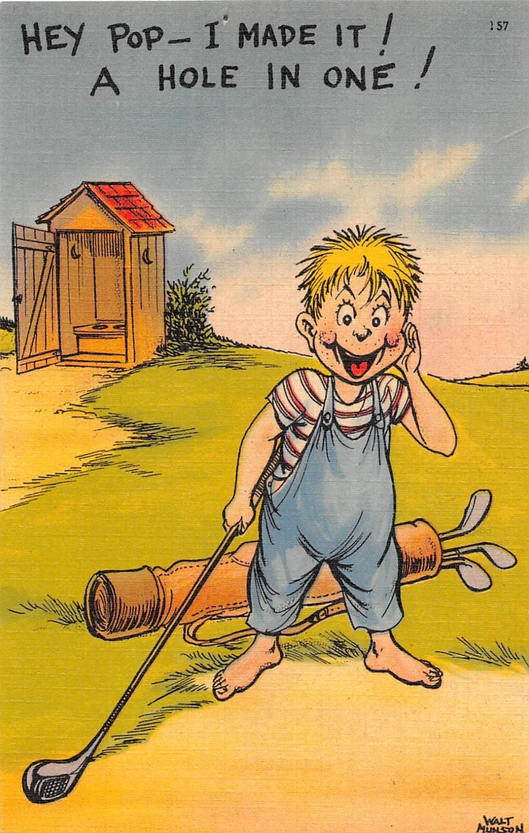 Boy With Golf Club Hits Ball Into Outhouse for Hole In One-Comic Old Linen  PC | eBay