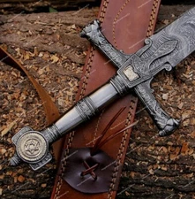 Hand Forged Damascus Steel King Solomon Crusader Sword With Leather Sheath 