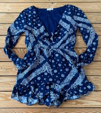 catch me NWOT women  s long sleeve paisley romper size S blue D4