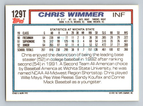 1992 Topps Traded #129T Chris Wimmer - NM/MT - Picture 2 of 2