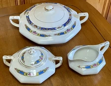 Vintage 1920s Ostrow China Ceramic Vegetable Dish & Lid/Sugar Bowl & Lid/Creamer