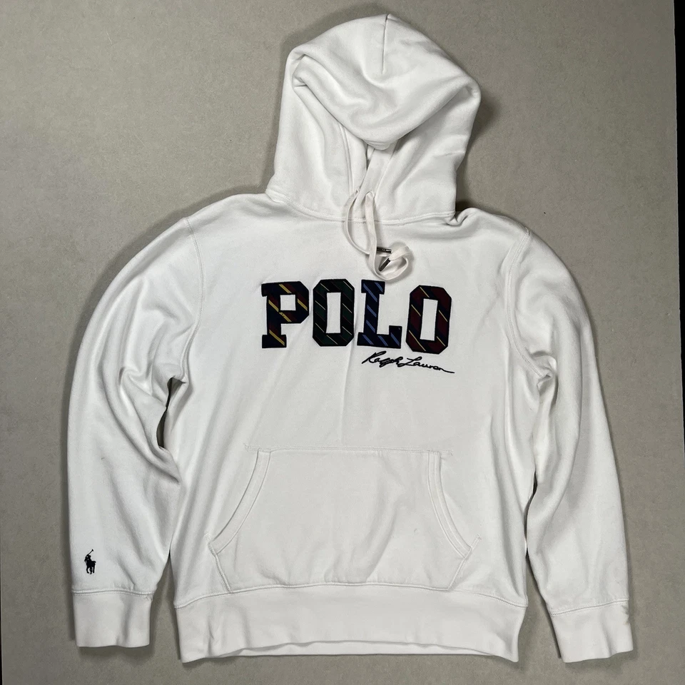 Polo Ralph Lauren Hombre Blanco Rayas Logo Polar Pullover Sudadera con Capucha Talla Mediana LEER Foto 3 de 4