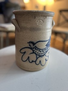 Stoneware crock with blue bird decoration by F. Martin Pottery