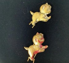 Adorable Pair Of Early Vintage Brass Cat Kitten Hair Barrette Clip Pin