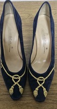 VINTAGE 80'S CARESSA BLUE SUEDE LEATHER GOLD EMBROIDERED ROPES 7M PUMPS EUC