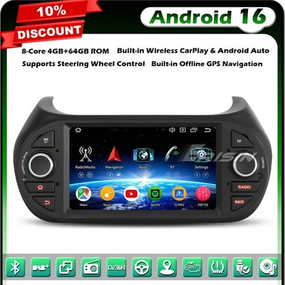 64GB Android 16 Autoradio DAB+ GPS Fiat Fiorino Qubo Citroen Nemo Peugeot Bipper - Photo 1/4