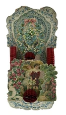 Antique Valentine’s Day Card Stand Up Die Cut Honeycomb Children W/ Flowers