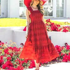 Nine Lives Bazaar ~ Beautiful Broderie Midi Dress Frill Sleeve Rust Red S AU 10