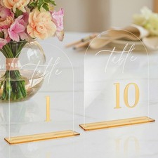 Arched Wedding Table Numbers 110 Clear Acrylic Signs Gold Stands 5.5x7 Inch