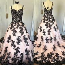 Gothic Pink Wedding Dresses with Black Lace Appliques Straps A Line Bridal Gowns