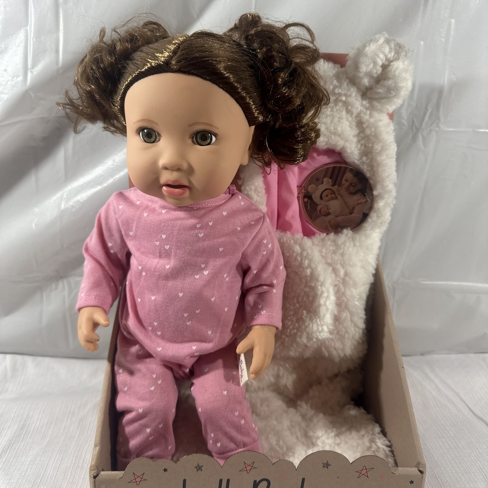 LullaBaby 14" Baby Doll with Wavy Brown Hair & Brown Eyes wi