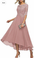 Ms.Veil Dusty Pink Lace Bodice Chiffon Hi-Lo Dress Lace-Up Back