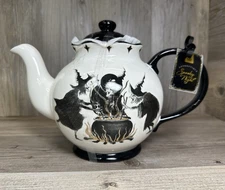 Potter’s Studio Ceramic Teapot w/Lid Halloween Witches Cauldron Brew Broom NEW