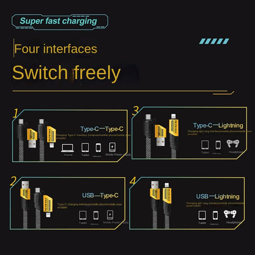 2024 Mecha 4-in-1 6A Charging Cable - Yellow/Black Braided USB-C - Picture 8 of 10