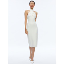 NWT Alice + Olivia Women's Suellen Twist Neck Halter Midi Dress Ecru Size 6