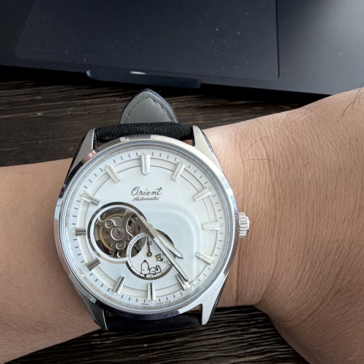 Orient Automatic Open Heart Snoopy Silver Dial Black Leather Strap