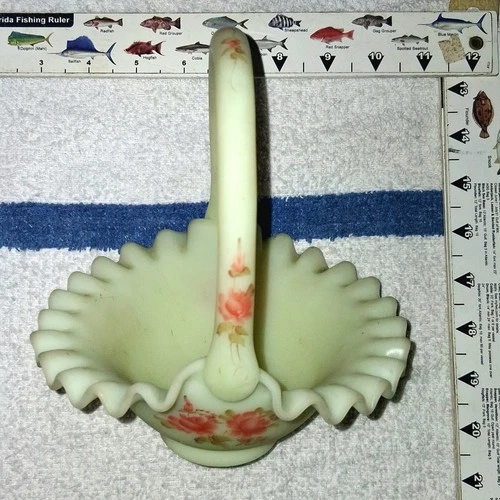Fenton Custard Satin Glass Basket Hand Painted Signed  Uranium