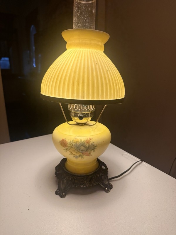 Yellow Glass Gone w/The Wind Table Lamp w/Floral Pattern Ribbed Shade and Bell 
