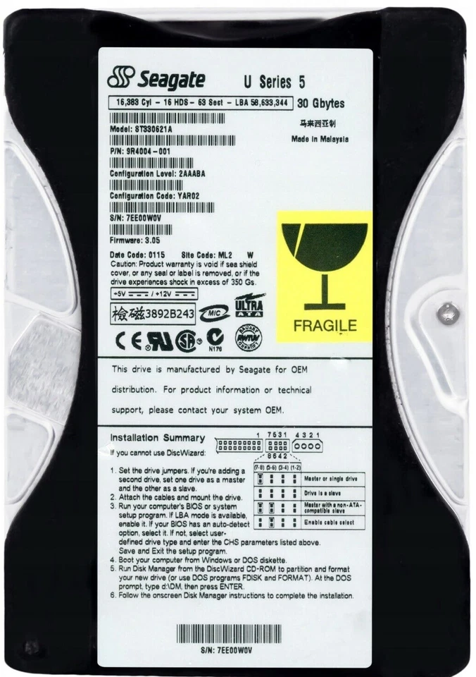 Hard Drive Seagate U5 ST330621A 30GB Pata / Ata / Ide 512KB 3.5'' - Image 3 of 3