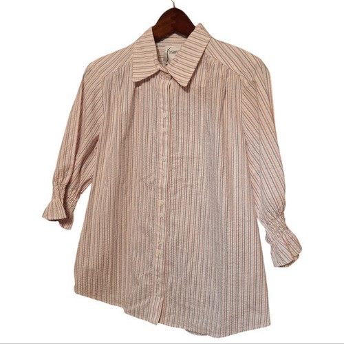 Finley Sirena Seersucker Pinstripe Blouse Ladies Small Smocked Cuffs Shirred