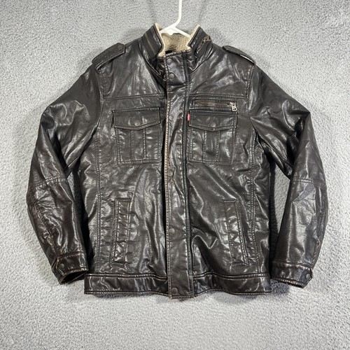 LEVI'S Brown Faux Leather Sherpa Lined Zip Up Moto Jacket SMALL Men’s
