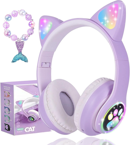 Wireless Cat Ear Headphones for Kids, LED Light up Kids Girls Bluetooth Headphon