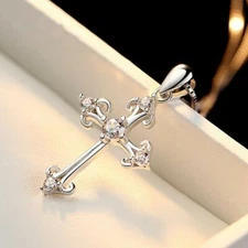 Women Girl CZ Cross Pendant Solid Sterling Silver 18" Chain Necklace Gift Box S2