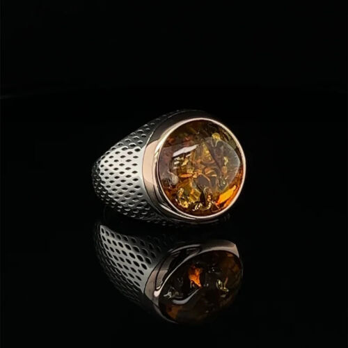Solid 925 Starling Silver Baltic Amber Round Gemstone Anniversary Men's Ring