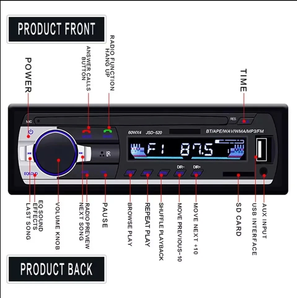 AUTORADIO STEREO BLUETOOTH RADIO FM Musica MP3 SD USB MMC Card per Auto e Camion - Immagine 4 di 4