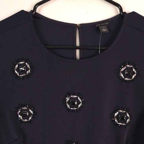 Ann Taylor Women's Small Beaded Embellished Peplum Blouse Top Navy - Picture 2 of 16
