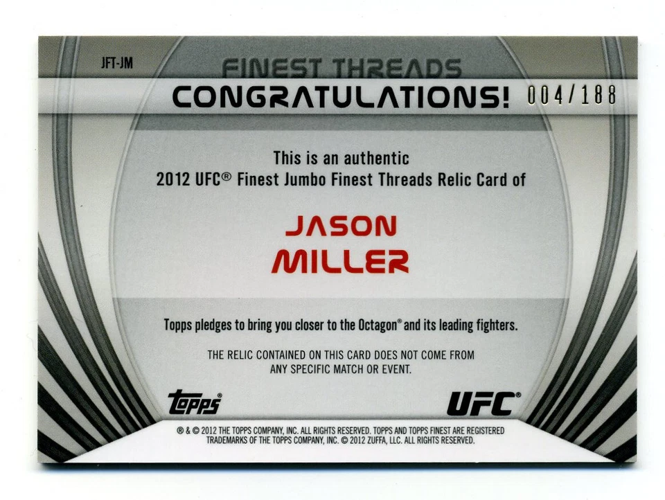 2012 Finest UFC Finest Threads Jumbo Fighter Relic X-Fractor #JFTJM Jason Miller - Image 2 of 2