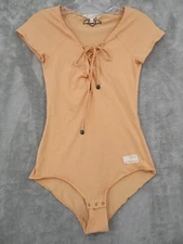 Odd Molly Bodysuit 1 US Small Lace Up Tie Stretch Knit Bodycon Casual Logo Peach