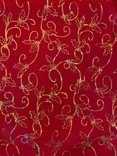 Gold Foil Holly and Berries on Red Fabric BTFQ OOP